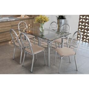 Conjunto: Mesa Sala Jantar Elba c/ Tampo de Vidro 140cm e 6 Cadeiras Holanda Cromada - Courano Bege - Kappesberg