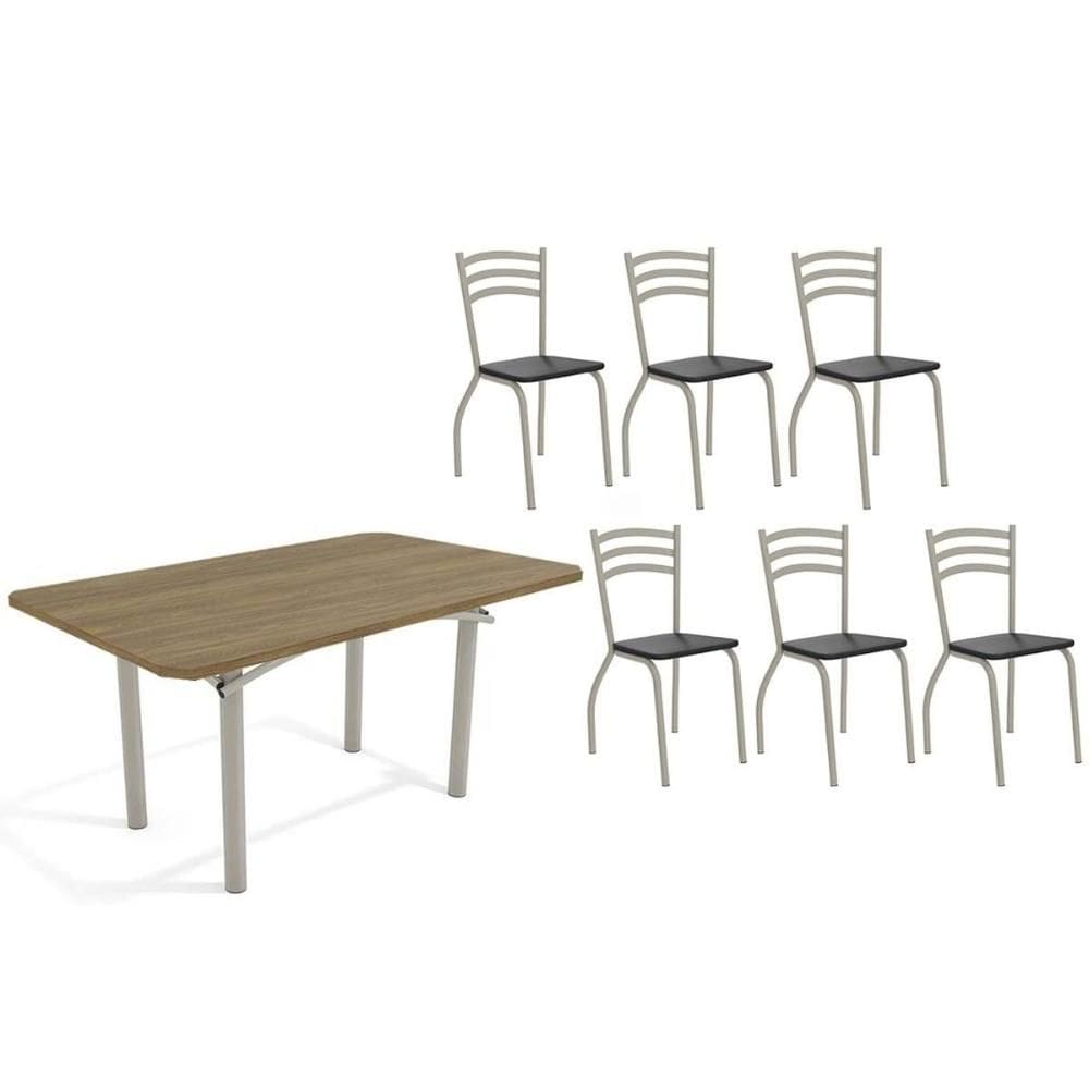 Conjunto: Mesa Sala Jantar Elba c/ Tampo de Madeira 160cm e 6 Cadeiras Portugal Niquel/Nogueira - Courano Preto - Kappesberg