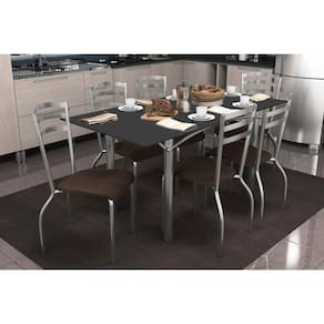 Conjunto: Mesa Sala Jantar Elba Tampo Madeirado c/ Vidro 160cm e 6 Cadeiras Portugal Cromada/Preto - Courano Marrom - Kappesberg