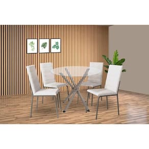 Conjunto: Mesa Sala Jantar Volga c/ Tampo de Vidro 95cm e 4 Cadeiras Amsterdã Niquel - Courano Branco - Kappesberg