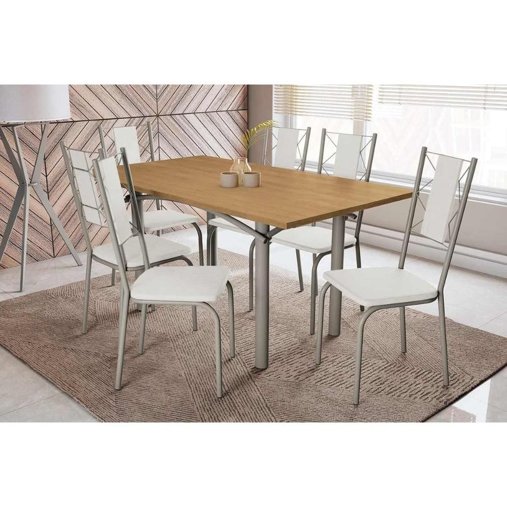 Conjunto: Mesa de Cozinha Elba c/ Tampo de Madeira 160cm e 6 Cadeiras Lisboa Niquel/Nogueira - Courano Branco - Kappesberg