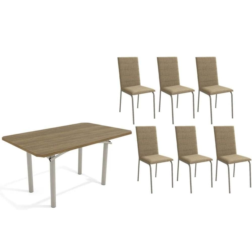 Conjunto: Mesa de Cozinha Elba c/ Tampo de Madeira 160cm e 6 Cadeiras Amsterdã Niquel/Nogueira - Courano Capuccino - Kappesberg