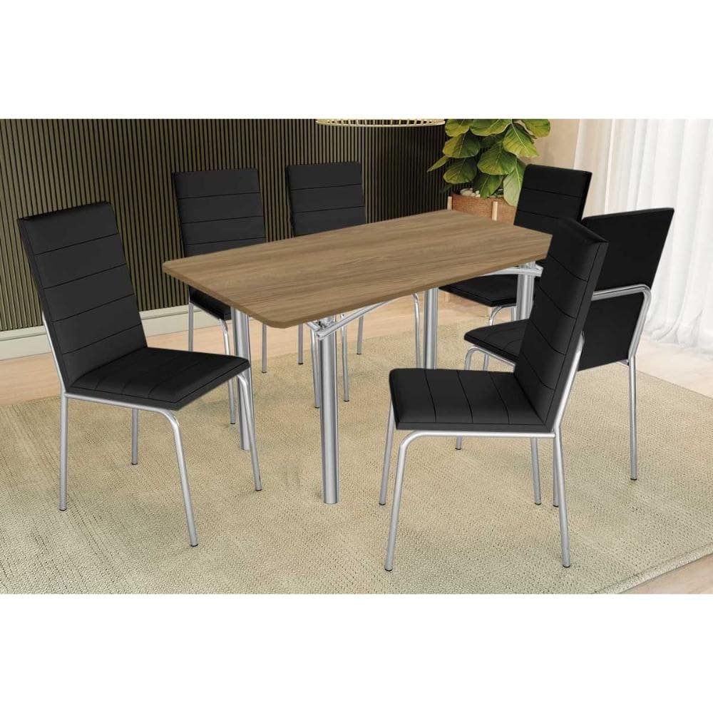 Conjunto: Mesa de Cozinha Elba c/ Tampo de Madeira 160cm e 6 Cadeiras Amsterdã Cromada/Nogueira - Courano Preto - Kappesberg