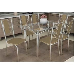 Conjunto: Mesa Sala Jantar Elba c/ Tampo de Vidro 120cm e 6 Cadeiras Lisboa Cromada - Courano Capuccino - Kappesberg
