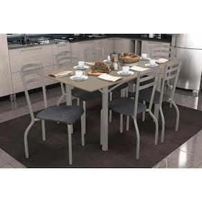 Conjunto: Mesa Sala Jantar Elba Tampo Madeirado c/ Vidro 160cm e 6 Cadeiras Portugal Niquel/Freijo Bronze - Courano Preto - Kappesberg