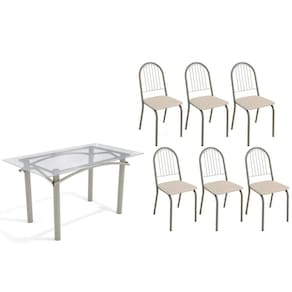 Conjunto: Mesa Sala Jantar Elba c/ Tampo de Vidro 140cm e 6 Cadeiras Noruega Niquel - Courano Bege - Kappesberg