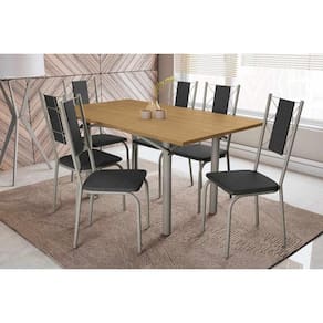 Conjunto: Mesa Sala Jantar Elba c/ Tampo de Madeira 160cm e 6 Cadeiras Lisboa Niquel/Nogueira - Courano Preto - Kappesberg