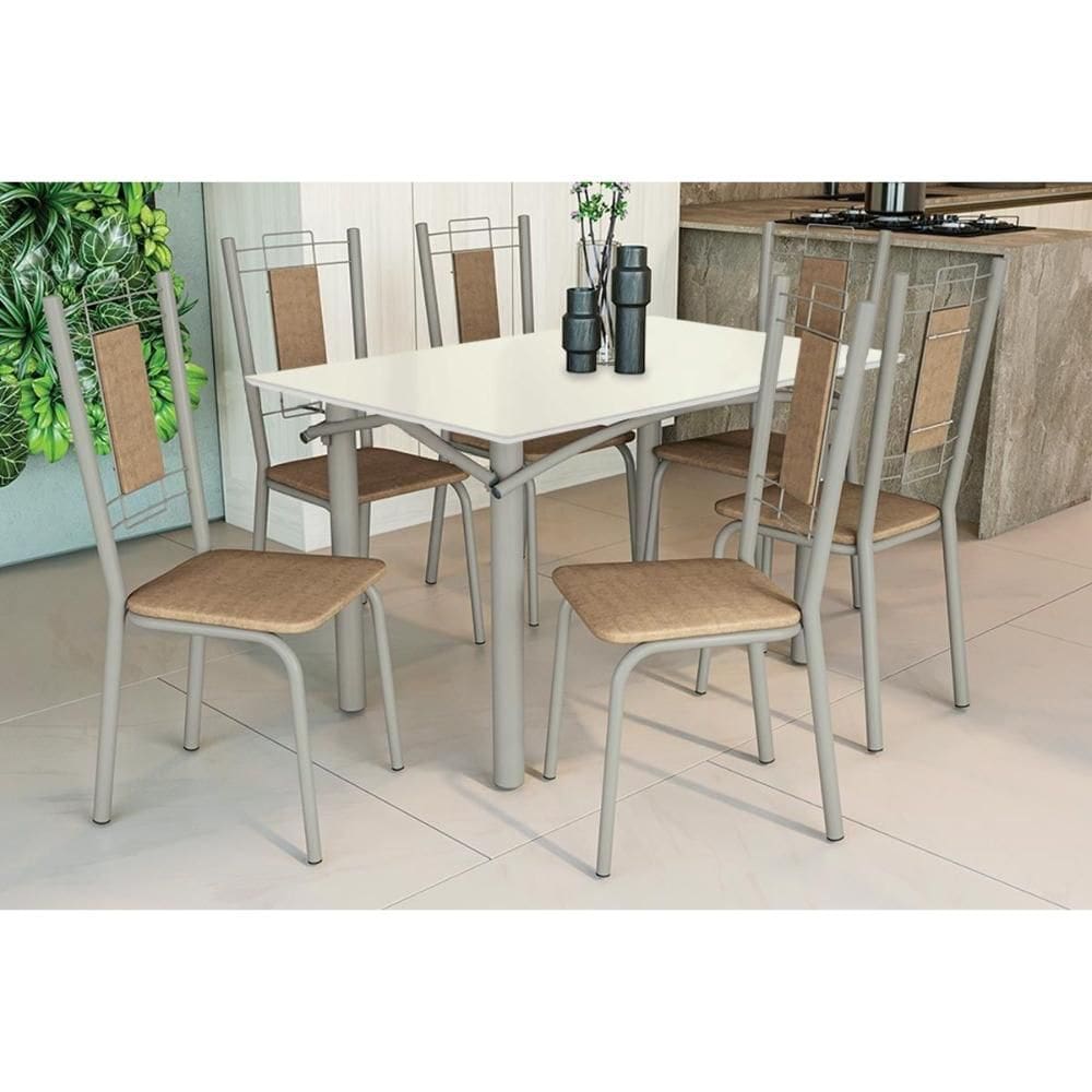 Conjunto: Mesa de Cozinha Elba Tampo Madeirado c/ Vidro 120cm e 6 Cadeiras Florença Niquel/Off White - Courano Capuccino - Kappesberg