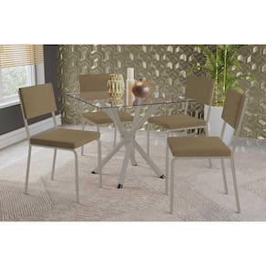 Conjunto: Mesa Sala Jantar Volga c/ Tampo de Vidro 90cm e 4 Cadeiras Zaria Niquel - Boucle Bege - Kappesberg