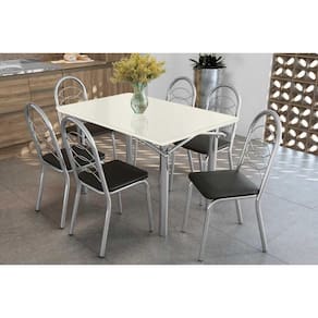 Conjunto: Mesa de Cozinha Elba Tampo Madeirado c/ Vidro 120cm e 6 Cadeiras Holanda Cromada/Off White - Courano Preto - Kappesberg
