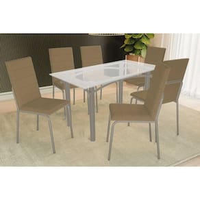 Conjunto: Mesa de Cozinha Elba c/ Tampo de Vidro 140cm e 6 Cadeiras Amsterdã Niquel - Courano Capuccino - Kappesberg