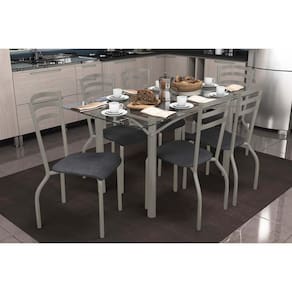 Conjunto: Mesa Sala Jantar Elba c/ Tampo de Vidro 150cm e 6 Cadeiras Portugal Niquel - Courano Preto - Kappesberg