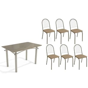 Conjunto: Mesa de Cozinha Elba Tampo Madeirado c/ Vidro 120cm e 6 Cadeiras Noruega Niquel/Freijo Bronze - Courano Capuccino - Kappesberg