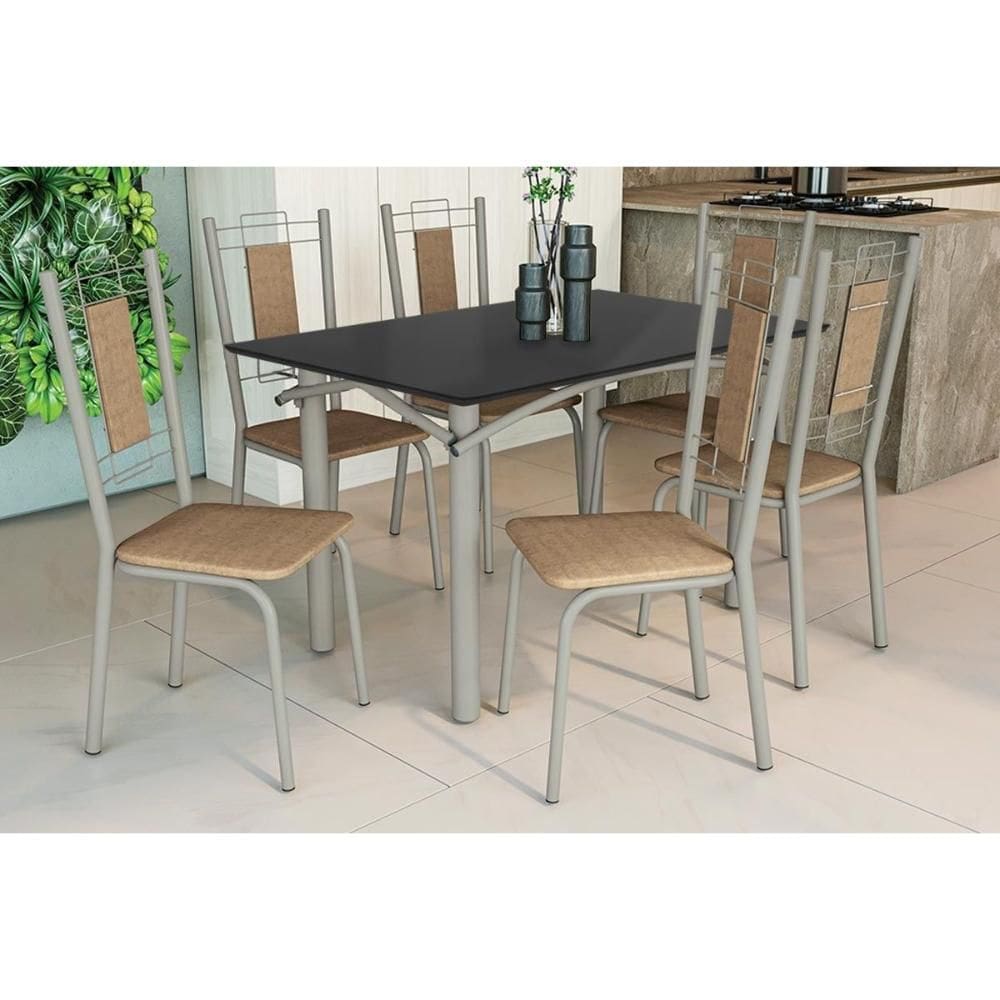 Conjunto: Mesa Sala Jantar Elba Tampo Madeirado c/ Vidro 120cm e 6 Cadeiras Florença Niquel/Preto - Courano Capuccino - Kappesberg