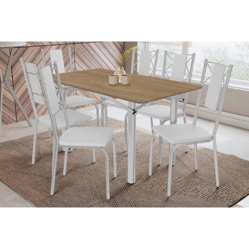 Conjunto: Mesa Sala Jantar Elba c/ Tampo de Madeira 160cm e 6 Cadeiras Lisboa Cromada/Nogueira - Courano Branco - Kappesberg