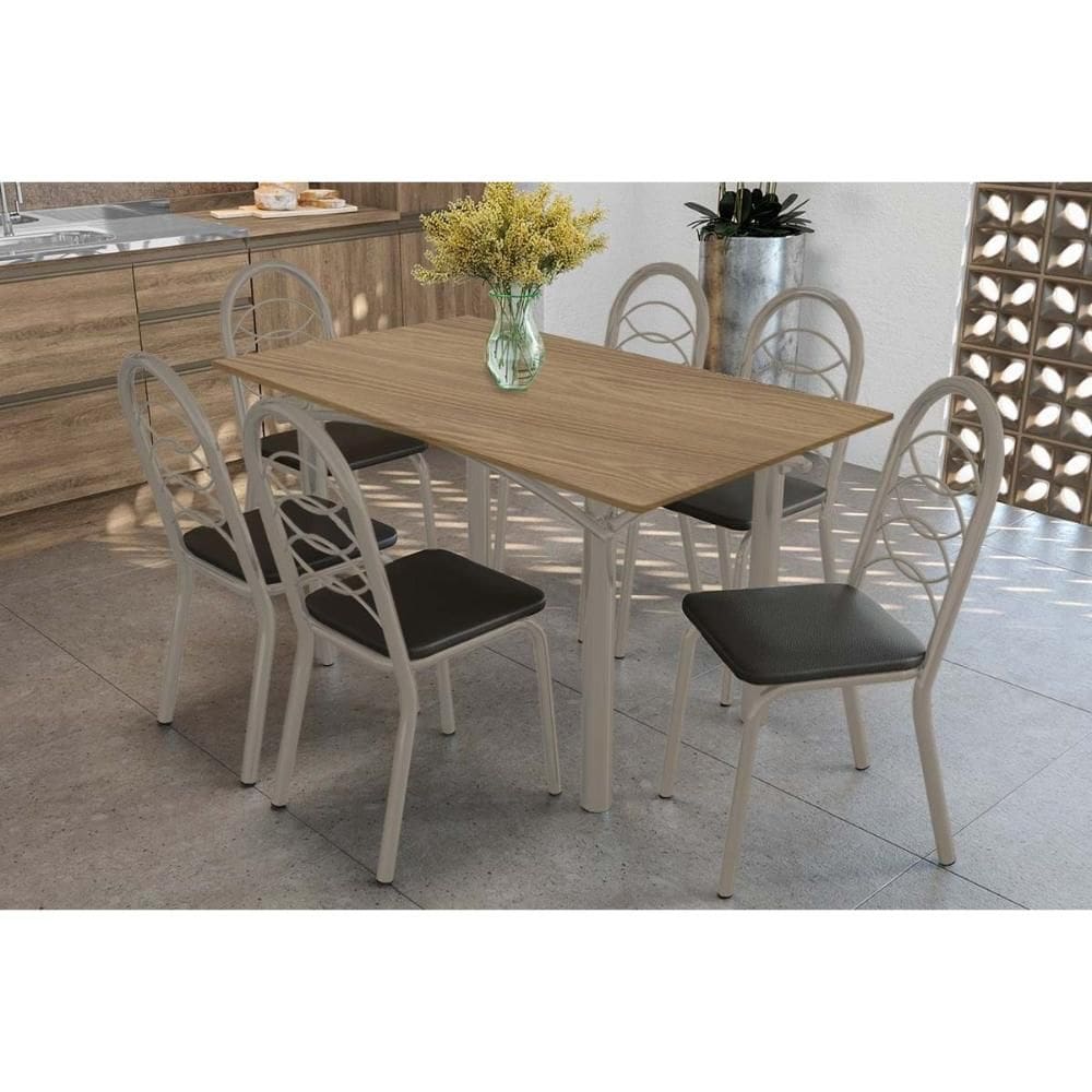 Conjunto: Mesa Sala Jantar Elba c/ Tampo de Madeira 160cm e 6 Cadeiras Holanda Niquel/Nogueira - Courano Preto - Kappesberg