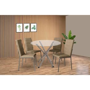 Conjunto: Mesa de Cozinha Volga c/ Tampo de Vidro 95cm e 4 Cadeiras Amsterdã Niquel - Courano Capuccino - Kappesberg