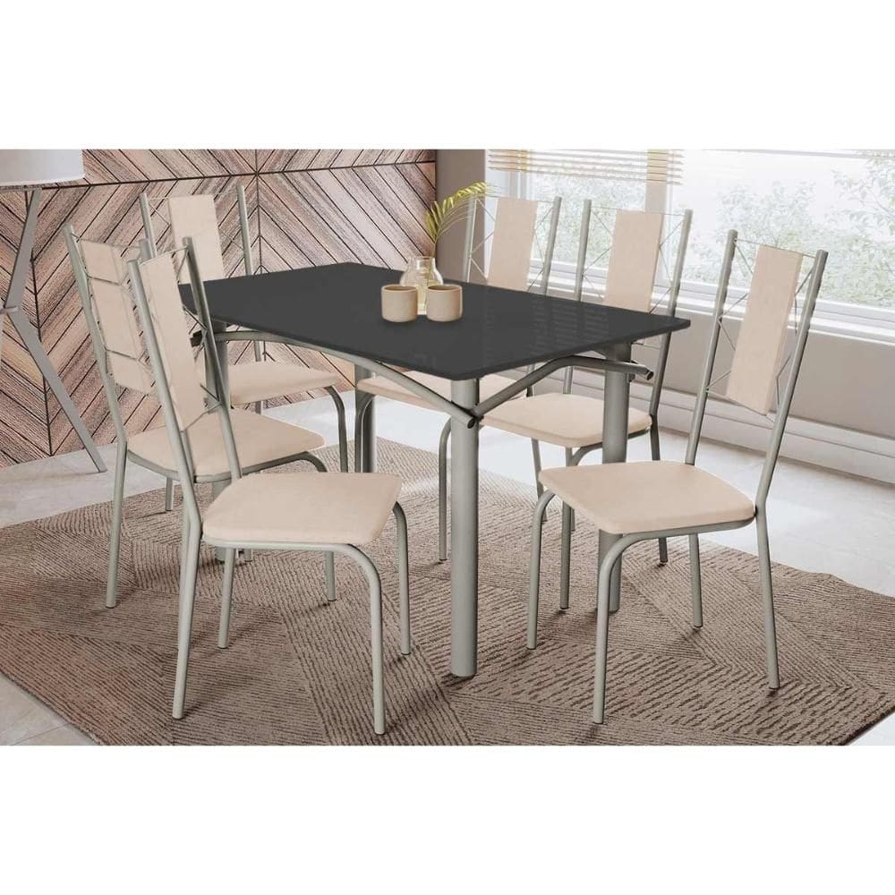Conjunto: Mesa Sala Jantar Elba Tampo Madeirado c/ Vidro 120cm e 6 Cadeiras Lisboa Niquel/Preto - Courano Bege - Kappesberg