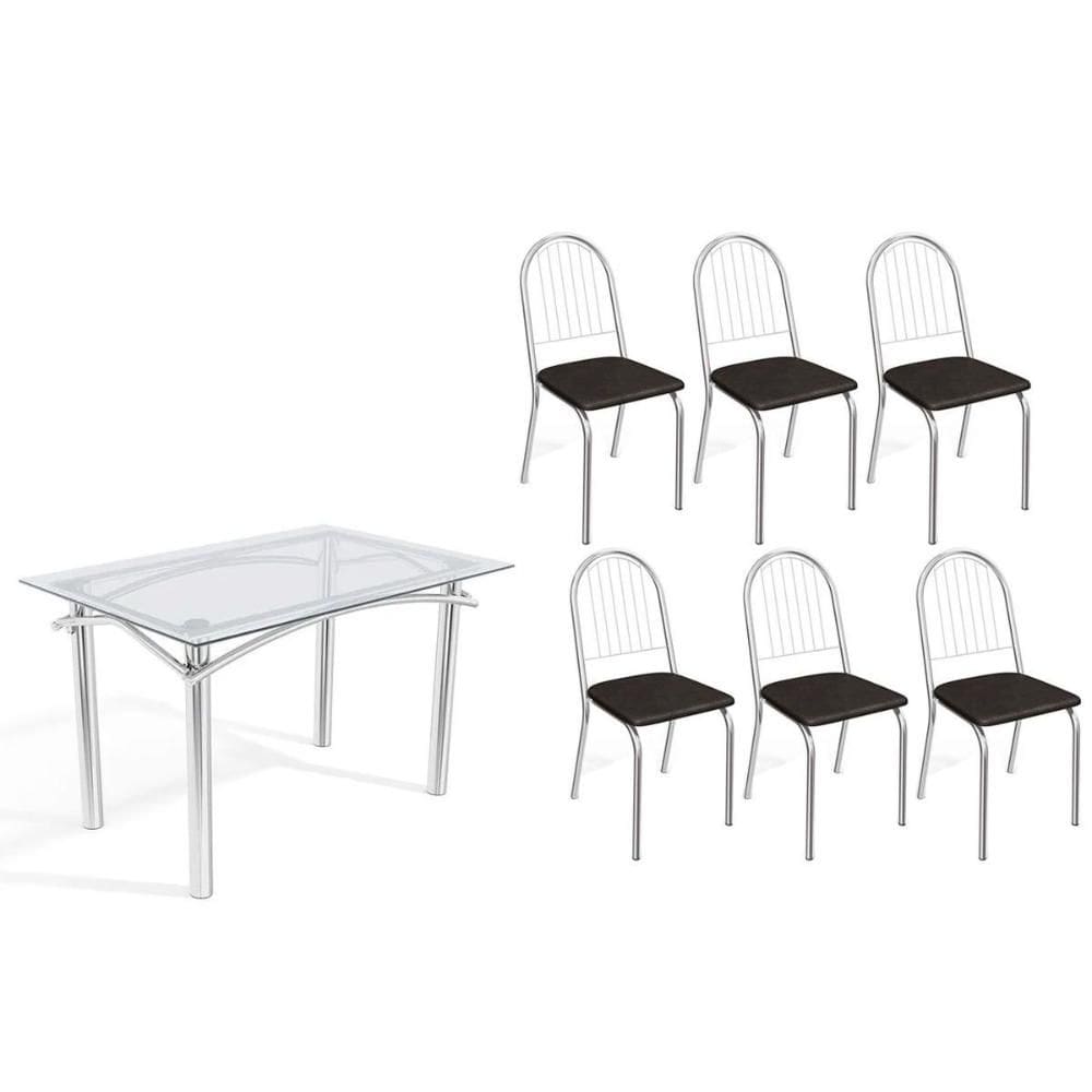 Conjunto: Mesa de Cozinha Elba c/ Tampo de Vidro 120cm e 6 Cadeiras Noruega Cromada - Courano Preto - Kappesberg