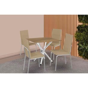 Conjunto: Mesa de Cozinha Volga c/ Tampo de Madeira 90cm e 4 Cadeiras Amsterdã Cromado/Nogueira - Capuccino - Kappesberg