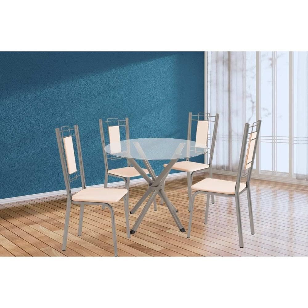 Conjunto: Mesa Sala Jantar Volga c/ Tampo de Vidro 95cm e 4 Cadeiras Florença Niquel - Courano Bege - Kappesberg