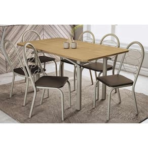 Conjunto: Mesa Sala Jantar Elba c/ Tampo de Madeira 160cm e 6 Cadeiras Noruega Niquel/Nogueira - Courano Marrom - Kappesberg