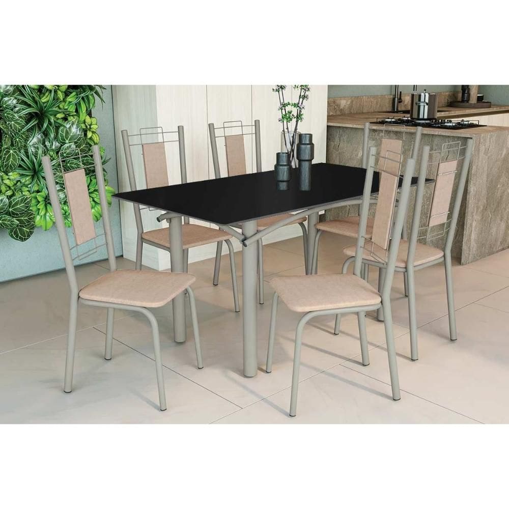 Conjunto: Mesa Sala Jantar Elba Tampo Madeirado c/ Vidro 160cm e 6 Cadeiras Florença Niquel/Preto - Courano Bege - Kappesberg
