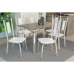 Conjunto: Mesa de Cozinha Elba Tampo Madeirado c/ Vidro 120cm e 6 Cadeiras Florença Cromada/Freijo Bronze - Courano Branco - Kappesberg