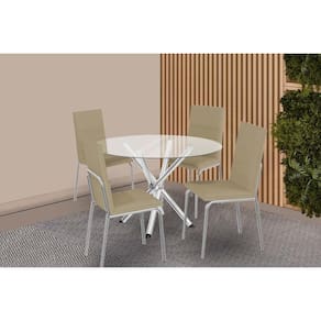 Conjunto: Mesa Sala Jantar Volga c/ Tampo de Vidro 95cm e 4 Cadeiras Amsterdã Cromada - Courano Capuccino - Kappesberg