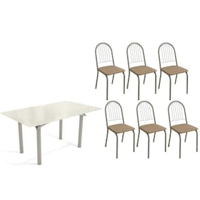 Conjunto: Mesa de Cozinha Elba Tampo Madeirado c/ Vidro 160cm e 6 Cadeiras Noruega Niquel/Off White - Courano Capuccino - Kappesberg