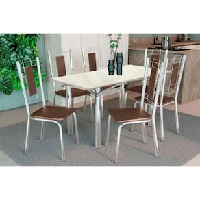 Conjunto: Mesa Sala Jantar Elba Tampo Madeirado c/ Vidro 120cm e 6 Cadeiras Florença Cromada/Off White - Courano Marrom - Kappesberg