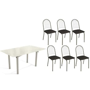 Conjunto: Mesa Sala Jantar Elba Tampo Madeirado c/ Vidro 160cm e 6 Cadeiras Noruega Niquel/Off White - Courano Preto - Kappesberg
