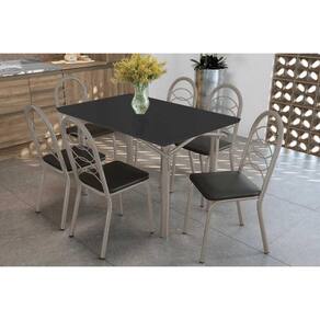 Conjunto: Mesa Sala Jantar Elba Tampo Madeirado c/ Vidro 120cm e 6 Cadeiras Holanda Niquel/Preto - Courano Preto - Kappesberg