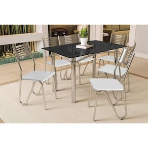 Conjunto: Mesa de Cozinha Elba Tampo Madeirado c/ Vidro 120cm e 6 Cadeiras Nápoles Cromada/Preto - Courano Branco - Kappesberg