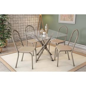 Conjunto: Mesa de Cozinha Volga c/ Tampo de Vidro 90cm e 4 Cadeiras Holanda Niquel - Courano Bege - Kappesberg