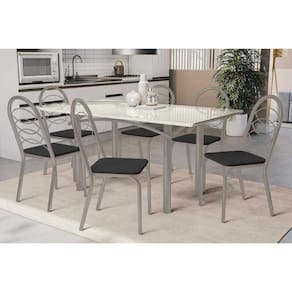 Conjunto: Mesa de Cozinha Elba Tampo Madeirado c/ Vidro 160cm e 6 Cadeiras Holanda Niquel/Off White - Courano Preto - Kappesberg