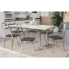 Conjunto: Mesa de Cozinha Elba Tampo Madeirado c/ Vidro 160cm e 6 Cadeiras Holanda Cromada/Off White - Courano Marrom - Kappesberg