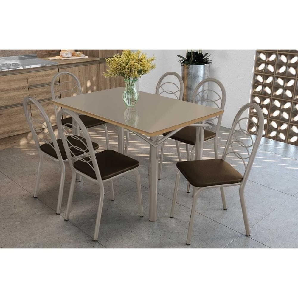 Conjunto: Mesa Sala Jantar Elba Tampo Madeirado c/ Vidro 120cm e 6 Cadeiras Holanda Niquel/Freijo Bronze - Courano Marrom - Kappesberg