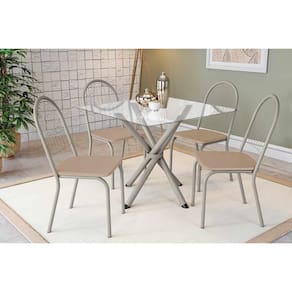 Conjunto: Mesa Sala Jantar Volga c/ Tampo de Vidro 90cm e 4 Cadeiras Noruega Niquel - Courano Bege - Kappesberg