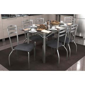Conjunto: Mesa de Cozinha Elba c/ Tampo de Vidro 140cm e 6 Cadeiras Portugal Cromada - Courano Preto - Kappesberg