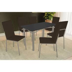 Conjunto: Mesa Sala Jantar Elba Tampo Madeirado c/ Vidro 120cm e 6 Cadeiras Amsterdã Niquel/Preto - Courano Marrom - Kappesberg