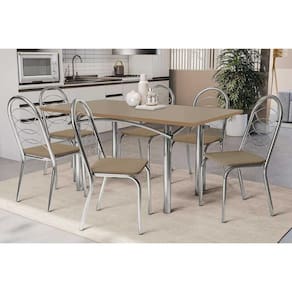 Conjunto: Mesa Sala Jantar Elba Tampo Madeirado c/ Vidro 160cm e 6 Cadeiras Holanda Cromada/Freijo Bronze - Courano Capuccino - Kappesberg