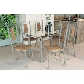 Conjunto: Mesa Sala Jantar Elba c/ Tampo de Vidro 140cm e 6 Cadeiras Florença Niquel - Courano Capuccino - Kappesberg