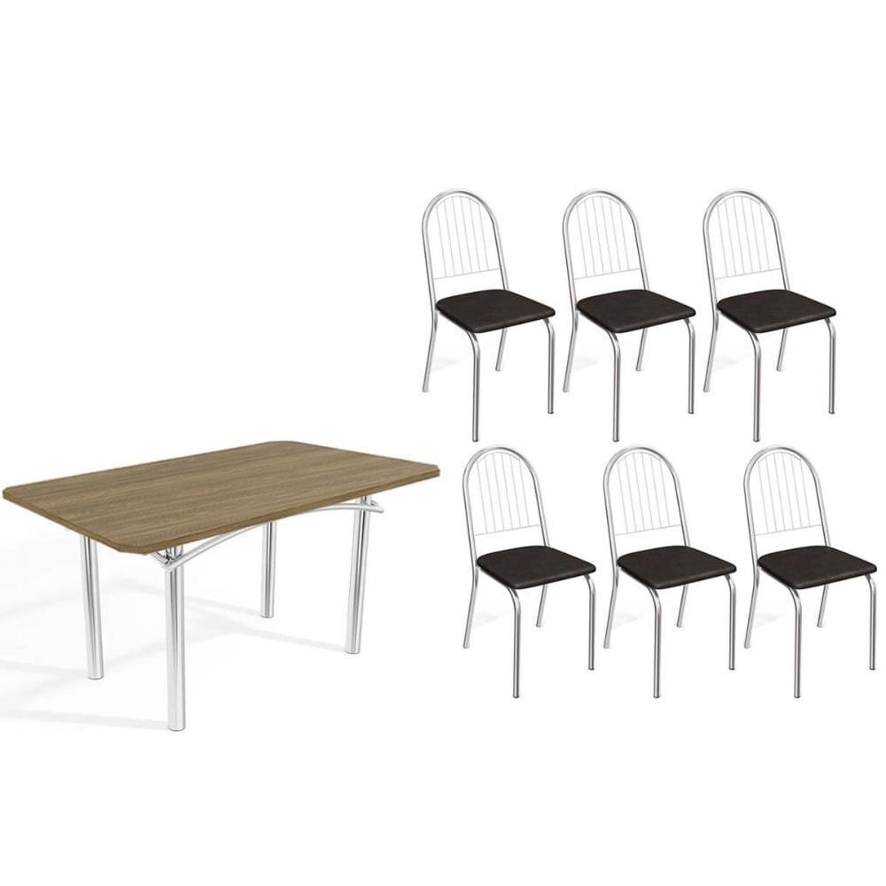 Conjunto: Mesa Sala Jantar Elba c/ Tampo de Madeira 160cm e 6 Cadeiras Noruega Cromada/Nogueira - Courano Preto - Kappesberg