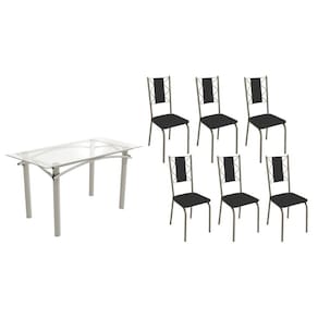 Conjunto: Mesa Sala Jantar Elba c/ Tampo de Vidro 150cm e 6 Cadeiras Lisboa Niquel - Courano Preto - Kappesberg