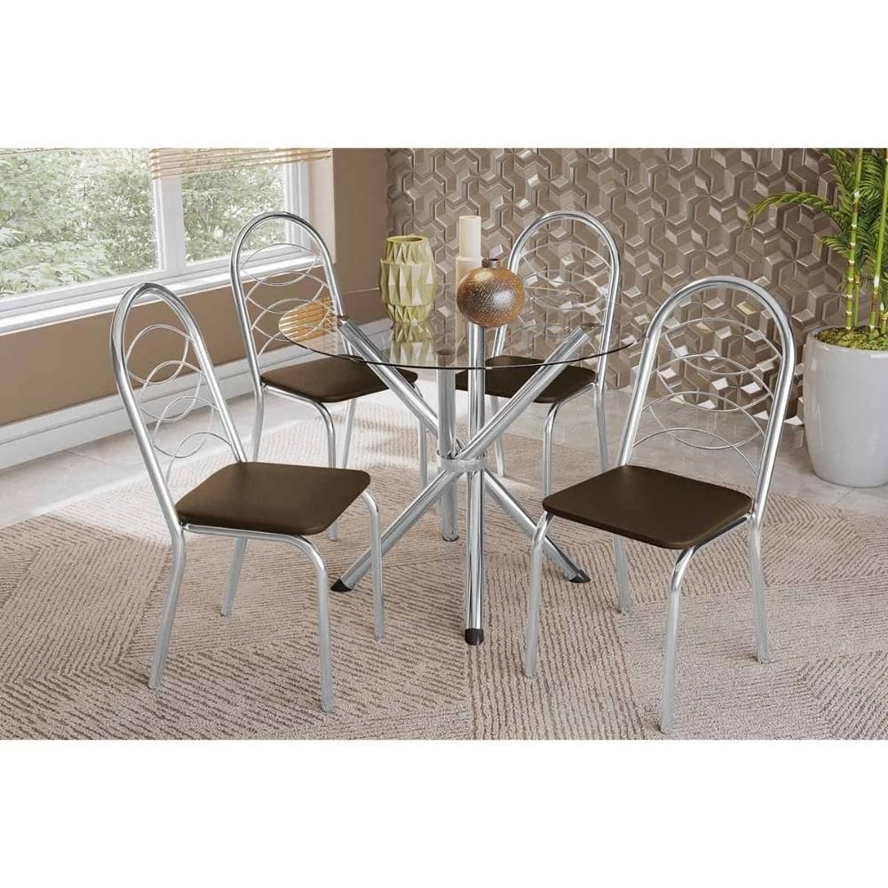 Conjunto: Mesa Sala Jantar Volga c/ Tampo de Vidro 95cm e 4 Cadeiras Holanda Cromada - Courano Marrom - Kappesberg