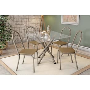 Conjunto: Mesa Sala Jantar Volga c/ Tampo de Vidro 90cm e 4 Cadeiras Holanda Niquel - Courano Capuccino - Kappesberg