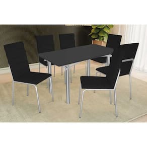 Conjunto: Mesa Sala Jantar Elba Tampo Madeirado c/ Vidro 160cm e 6 Cadeiras Amsterdã Cromada/Preto - Courano Preto - Kappesberg