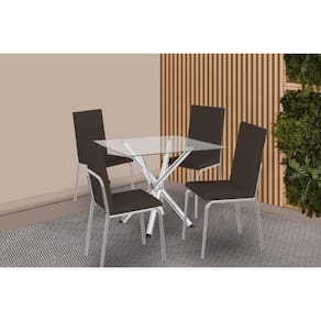 Conjunto: Mesa de Cozinha Volga c/ Tampo de Vidro 90cm e 4 Cadeiras Amsterdã Cromada - Courano Marrom - Kappesberg