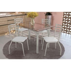 Conjunto: Mesa Sala Jantar Elba c/ Tampo de Vidro 140cm e 6 Cadeiras Portugal Niquel - Courano Branco - Kappesberg